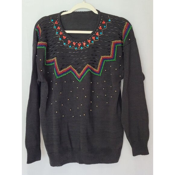 Vintage Beaded Sweater Embroidered Floral & Chevron Design Size XL - Picture 6 of 6